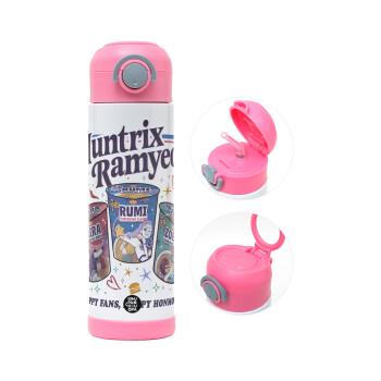 Ramyeon Huntrix, Παιδικό παγούρι θερμό, ανοξείδωτο, με καλαμάκι ασφαλείας, ΡΟΖ (500ml)