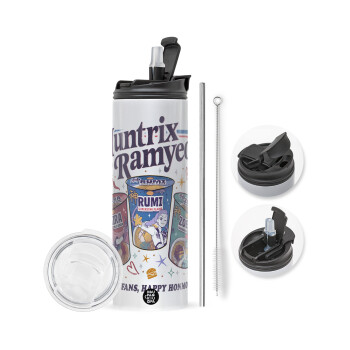 Ramyeon Huntrix, Travel Tumbler 2 Lids, with metal straw & cleaning brush (Stainless steel 304 Food grade, BPA free, 600ml)