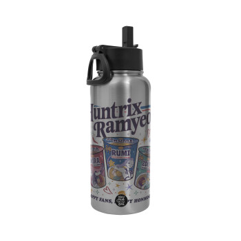 Ramyeon Huntrix, Μεταλλικό παγούρι θερμός Silver με καλαμάκι και χερούλι (Stainless steel), διπλού τοιχώματος, 950ml