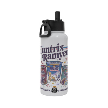Ramyeon Huntrix, Μεταλλικό παγούρι θερμός Λευκό με καλαμάκι και χερούλι (Stainless steel), διπλού τοιχώματος, 950ml