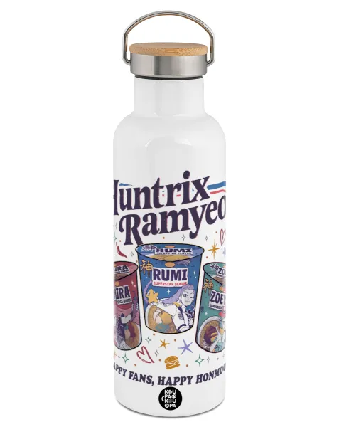Ramyeon Huntrix — Μεταλλικό παγούρι θερμός (Stainless steel) Λευκό με ξύλινο καπάκι (bamboo), διπλού τοιχώματος, 750ml