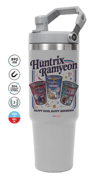 Ramyeon Huntrix — ΓΚΡΙ Travel Tumbler Θερμός με χερούλι και καλαμάκι 890ml