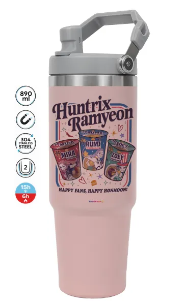 Ramyeon Huntrix — ΡΟΖ Travel Tumbler Θερμός με χερούλι και καλαμάκι 890ml