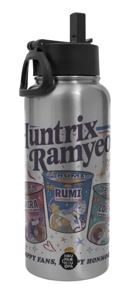 Ramyeon Huntrix — Μεταλλικό παγούρι θερμός Silver με καλαμάκι και χερούλι (Stainless steel), διπλού τοιχώματος, 950ml