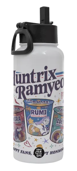 Ramyeon Huntrix — Μεταλλικό παγούρι θερμός Λευκό με καλαμάκι και χερούλι (Stainless steel), διπλού τοιχώματος, 950ml