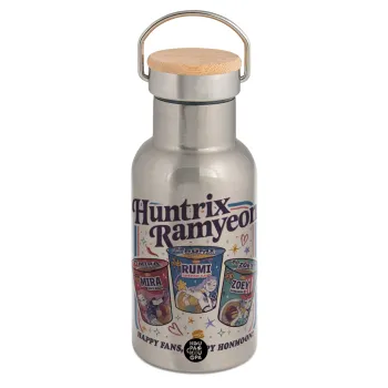 Ramyeon Huntrix, Μεταλλικό παγούρι θερμός (Stainless steel) Ασημένιο με ξύλινο καπακι (bamboo), διπλού τοιχώματος, 350ml