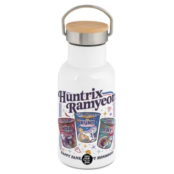 Ramyeon Huntrix, Μεταλλικό παγούρι θερμός (Stainless steel) Λευκό με ξύλινο καπακι (bamboo), διπλού τοιχώματος, 350ml