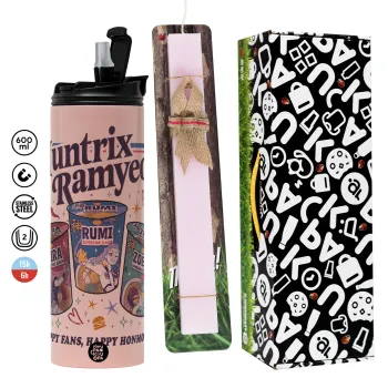 Ramyeon Huntrix, Πασχαλινή Λαμπάδα με  ΡΟΖ Travel Tumbler θερμό (600ml, BPA free) & κερί αρωματικό πλακέ (30cm) (ΡΟΖ)