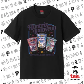 Ramyeon Huntrix, Κλασικό T-Shirt, διπλής ραφής, χωρίς πλευρικές ραφές ΜΑΥΡΟ από 100% βαμβάκι. Vegan & OEKO-TEX πιστοποιημένο.
