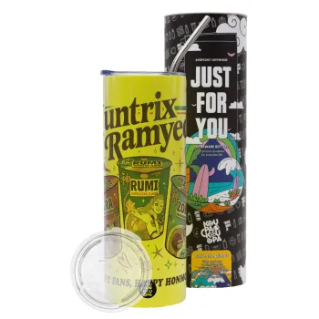 Ramyeon Huntrix, Neon Yellow Travel Tumbler θερμό, μεταλλικό καλαμάκι(Ανωξείδωτο 304 Food grade, BPA free, 600ml)