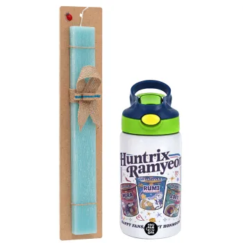 Ramyeon Huntrix, Easter Set, Children's thermal stainless steel bottle with safety straw, green/blue (350ml) & aromatic flat Easter candle (30cm) (TURQUOISE)