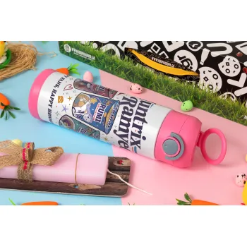 Ramyeon Huntrix, Πασχαλινή Λαμπάδα με Παιδικό παγούρι θερμό, ανοξείδωτο, με καλαμάκι ασφαλείας, ΡΟΖ (500ml)