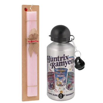 Ramyeon Huntrix, Easter Set, metallic Silver aluminum water bottle (500ml) & scented flat Easter candle (30cm) (PINK)