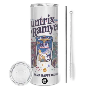 Ramyeon Huntrix, Tumbler ποτήρι θερμό από ανοξείδωτο ατσάλι 600ml, με μεταλλικό καλαμάκι & βούρτσα καθαρισμού