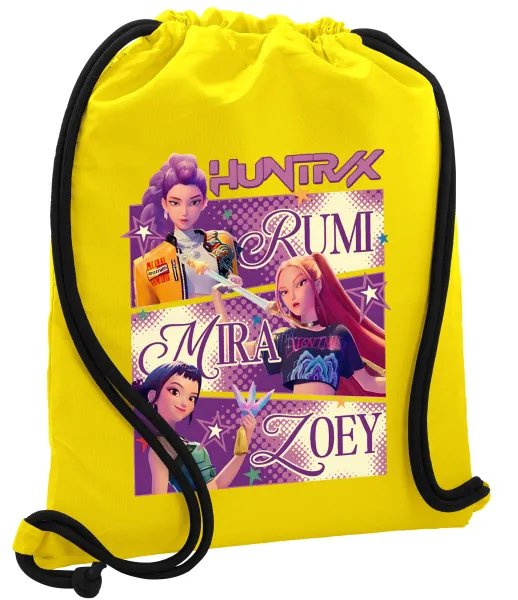 Huntrix Rumi Mira Zoey — Τσάντα πλάτης πουγκί GYMBAG Κίτρινη, με τσέπη (40x48cm) & χονδρά κορδόνια