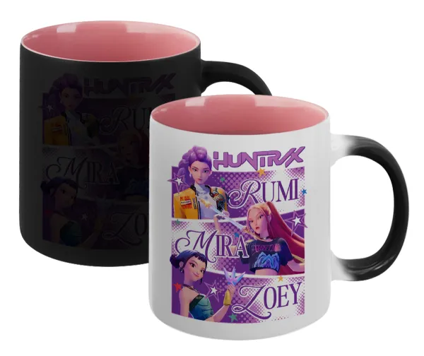Huntrix Rumi Mira Zoey — Magic mug with pink interior, ceramic, 330ml, changes colour with hot drinks