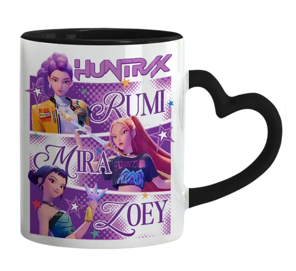 Huntrix Rumi Mira Zoey — Mug heart black handle, ceramic, 330ml