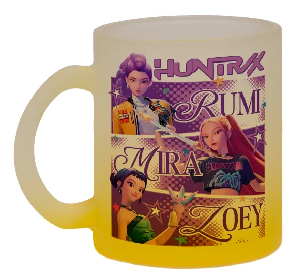 Huntrix Rumi Mira Zoey — Κούπα γυάλινη δίχρωμη με βάση το κίτρινο ματ, 330ml