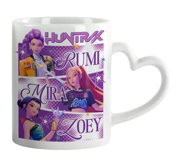 Huntrix Rumi Mira Zoey — Κούπα καρδιά χερούλι λευκή, κεραμική, 330ml