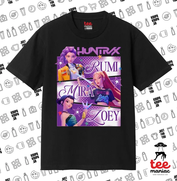 Huntrix Rumi Mira Zoey — ΜΑΥΡΟ Κλασικό T-Shirt, διπλής ραφής, χωρίς πλευρικές ραφές από 100% βαμβάκι. Vegan & OEKO-TEX πιστοποιημένο.