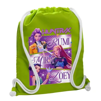 Huntrix Rumi Mira Zoey, Τσάντα πλάτης πουγκί GYMBAG LIME GREEN, με τσέπη (40x48cm) & χονδρά κορδόνια