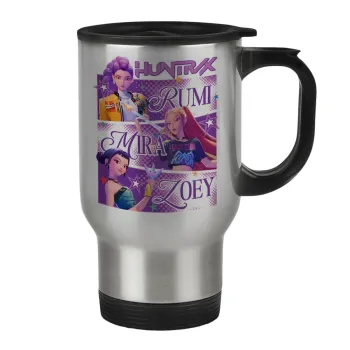 Huntrix Rumi Mira Zoey, Κούπα ταξιδιού ανοξείδωτη με καπάκι, διπλού τοιχώματος (θερμό) 450ml