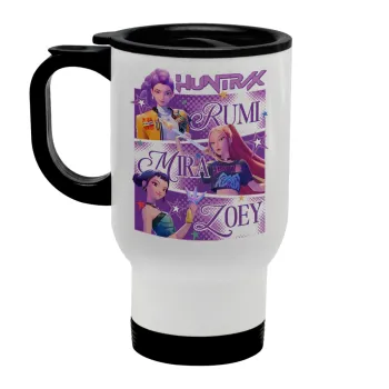 Huntrix Rumi Mira Zoey, Κούπα ταξιδιού ανοξείδωτη με καπάκι, διπλού τοιχώματος (θερμό) λευκή 450ml