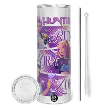 Huntrix Rumi Mira Zoey, Tumbler ποτήρι θερμό από ανοξείδωτο ατσάλι 600ml, με μεταλλικό καλαμάκι & βούρτσα καθαρισμού