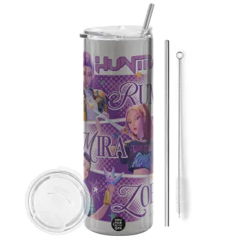 Huntrix Rumi Mira Zoey, Tumbler ποτήρι θερμό Ασημένιο από ανοξείδωτο ατσάλι 600ml, με μεταλλικό καλαμάκι & βούρτσα καθαρισμού