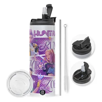 Huntrix Rumi Mira Zoey, Travel Tumbler θερμό με διπλό καπάκι, μεταλλικό καλαμάκι και βούρτσα καθαρισμού (Ανωξείδωτο 304 Food grade, BPA free, 600ml)