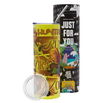 Huntrix Rumi Mira Zoey, Neon Yellow Travel Tumbler θερμό, μεταλλικό καλαμάκι(Ανωξείδωτο 304 Food grade, BPA free, 600ml)