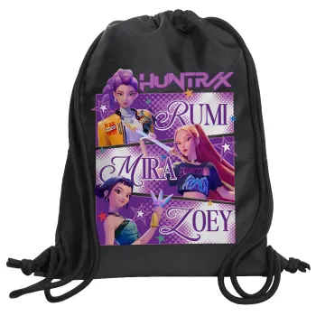 Huntrix Rumi Mira Zoey, Τσάντα πλάτης πουγκί GYMBAG Μαύρη, με τσέπη (40x48cm) & χονδρά κορδόνια