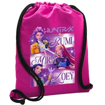 Huntrix Rumi Mira Zoey, Τσάντα πλάτης πουγκί GYMBAG Φούξια, με τσέπη (40x48cm) & χονδρά κορδόνια