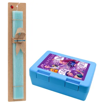 Huntrix Rumi Mira Zoey, Πασχαλινή Λαμπάδα με παιδικό δοχείο κολατσιού ΓΑΛΑΖΙΟ & κερί αρωματικό πλακέ (30cm) (ΤΙΡΚΟΥΑΖ)