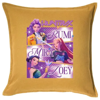 Huntrix Rumi Mira Zoey, Μαξιλάρι καναπέ Κίτρινο 100% βαμβάκι, περιέχεται το γέμισμα (50x50cm)