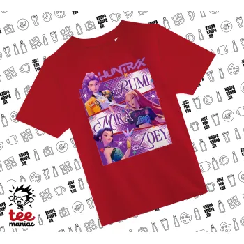 Huntrix Rumi Mira Zoey, Άνετο παιδικό T-Shirt ΚΟΚΚΙΝΟ από 100% βαμβάκι, για κάθε μέρα. Vegan & OEKO-TEX πιστοποιημένο.