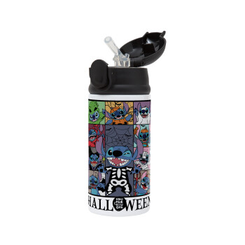 Stitch Halloween, Children's hot water bottle, stainless steel, with safety straw, Black (360ml) BPA-FREE