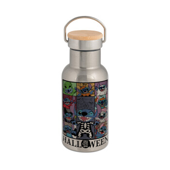Stitch Halloween, Stainless steel metallic thermos flask, silver with a bamboo lid, double-walled, 350ml.