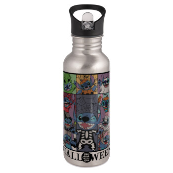 Stitch Halloween, Water bottle Silver with straw, stainless steel 600ml