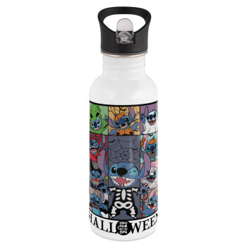 Stitch Halloween, White water bottle with straw, stainless steel 600ml