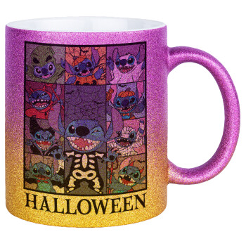 Stitch Halloween, Κούπα Χρυσή/Ροζ Glitter, κεραμική, 330ml