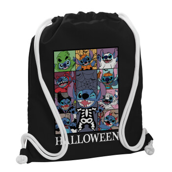 Stitch Halloween, Τσάντα πλάτης πουγκί GYMBAG Μαύρη, με τσέπη (40x48cm) & χονδρά λευκά κορδόνια