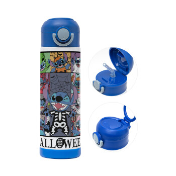 Stitch Halloween, Children's hot water bottle, stainless steel, with safety straw, BLUE (500ml)
