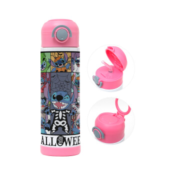 Stitch Halloween, Children's hot water bottle, stainless steel, with safety straw, PINK (500ml)