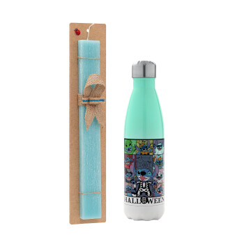 Stitch Halloween, Easter Set, Metallic green/white thermos (Stainless steel), double-walled, 500ml & scented flat Easter candle (30cm) (TURQUOISE)