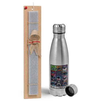 Stitch Halloween, Easter Set, metallic Inox water bottle (750ml) & aromatic flat Easter candle (30cm) (GRAY)