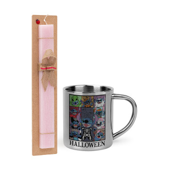 Stitch Halloween, Easter Set, metallic thermal cup (300ml) & aromatic flat Easter candle (30cm) (PINK)