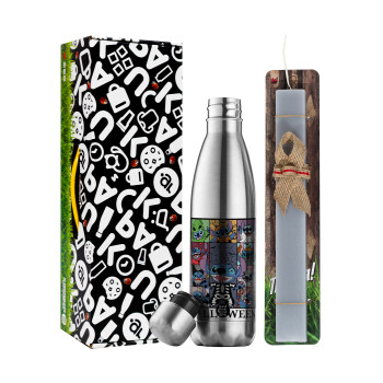 Stitch Halloween, Easter Set, metallic stainless thermos flask (500ml) & scented flat Easter candle (30cm) (GRAY)