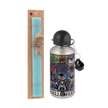 Stitch Halloween, Easter Set, metallic silver aluminum water bottle (500ml) & scented flat Easter candle (30cm) (TURQUOISE)