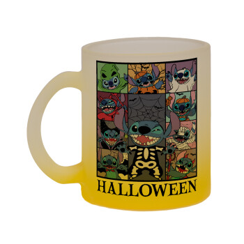 Stitch Halloween, Κούπα γυάλινη δίχρωμη με βάση το κίτρινο ματ, 330ml